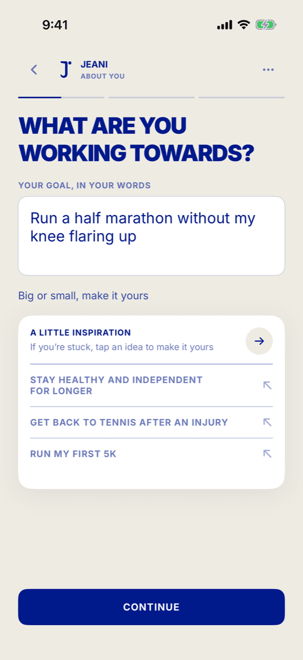 Jeani onboarding: What are you working towards? Run a half marathon without my knee flaring up