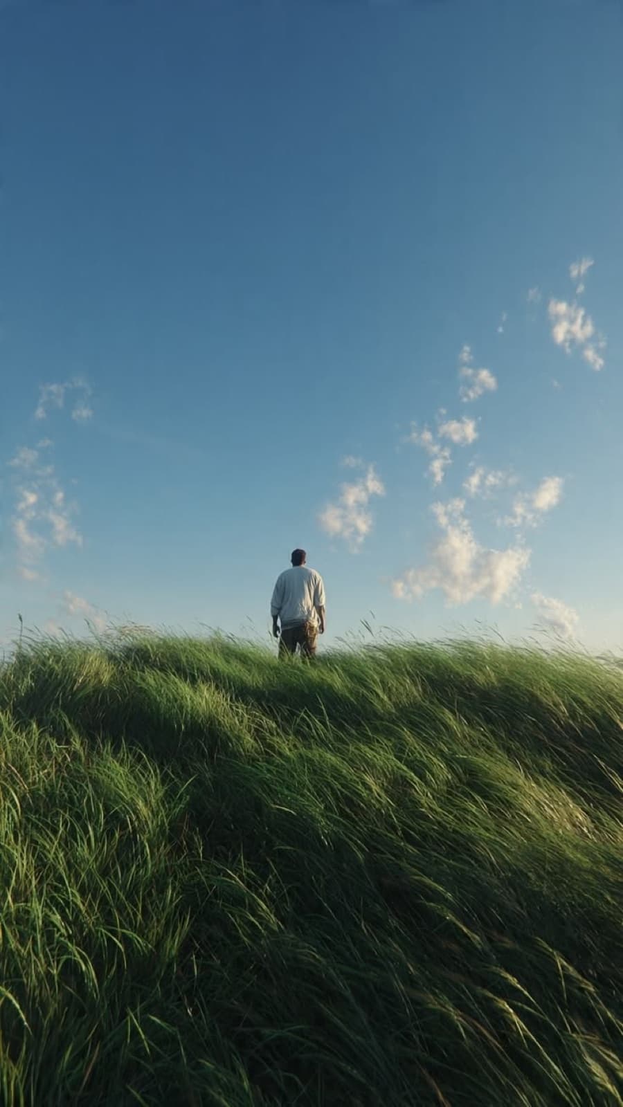 A person standing still on a windswept grass hill under a wide blue sky