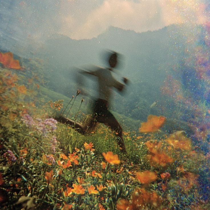 A runner crossing a meadow in long grass, mountains hazy behind.